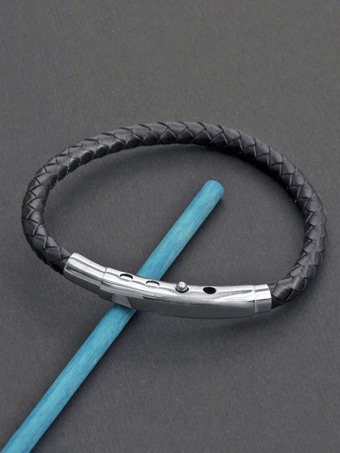 

Peora Black & Silver-Toned Leather Contemporary Bracelet
