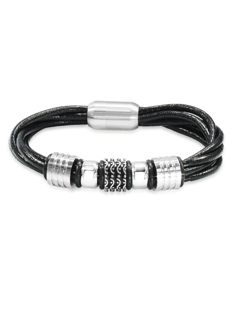 

Peora Men Black & Silver-Toned Leather Contemporary Bracelet