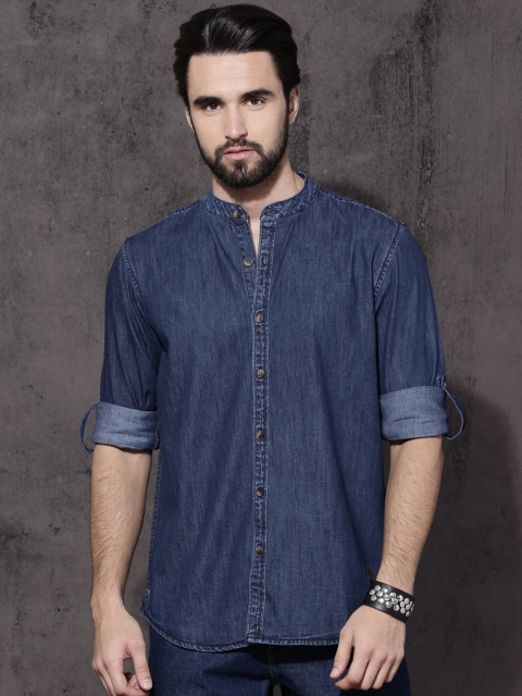 

Roadster Men Blue Regular Fit Solid Casual Denim Mandarin Collar Shirt