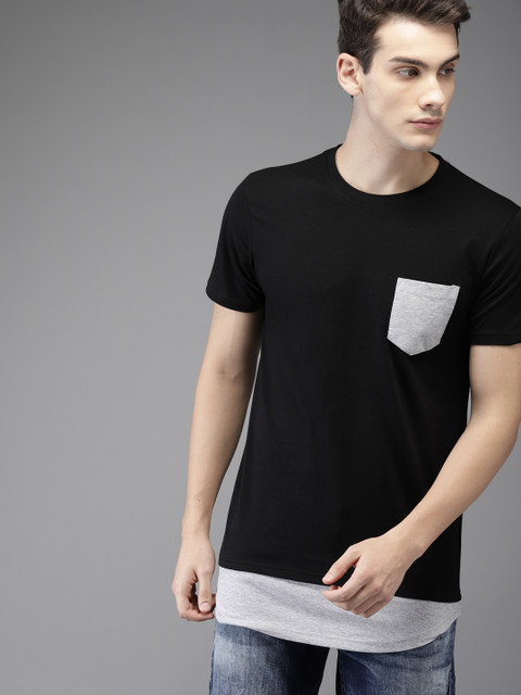 

HERENOW Men Black Solid Round Neck Longline Pure Cotton T-shirt