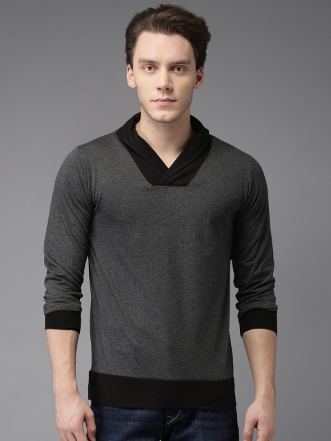 

HERE&NOW Men Charcoal Grey Solid V-Neck T-shirt