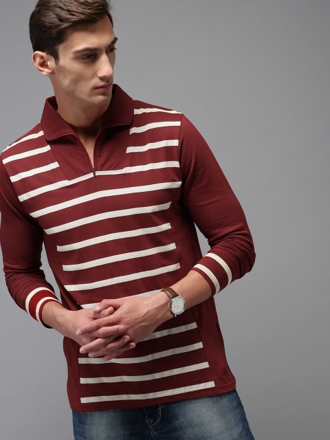 

HERE&NOW Men Maroon Striped Polo Collar T-shirt