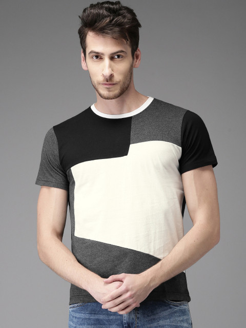 

HERE&NOW Men White Colourblocked Round Neck T-shirt