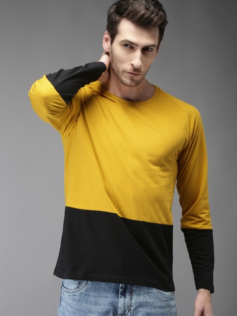 

HERENOW Men Mustard Yellow Black Colourblocked Pure Cotton T-shirt