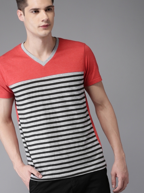 

HERE&NOW Men Coral Pink Striped V-Neck T-shirt