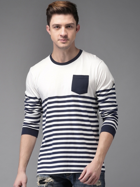 

HERE&NOW Men Navy Blue & White Striped Round Neck T-shirt