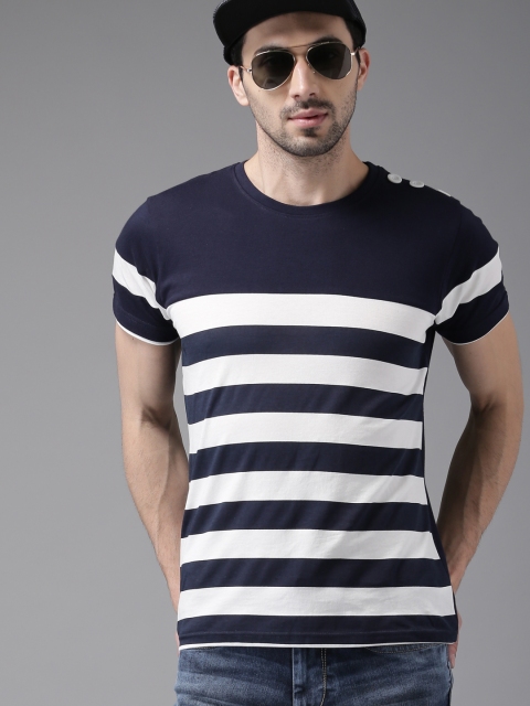 

HERE&NOW Men Navy Striped Round Neck T-shirt, Navy blue