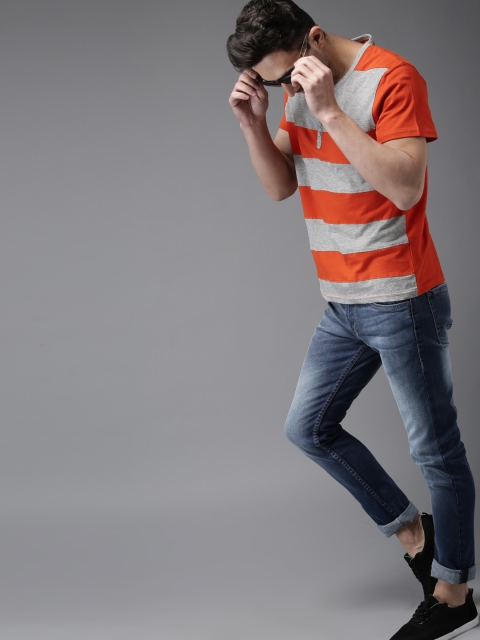

HERE&NOW Men Orange & Grey Striped T-shirt