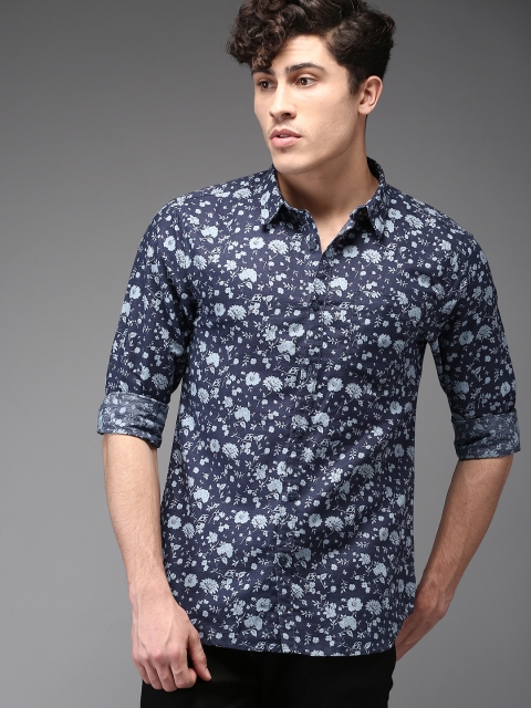 

Moda Rapido Men Navy Regular Fit Cotton Linen Printed Casual Shirt, Navy blue