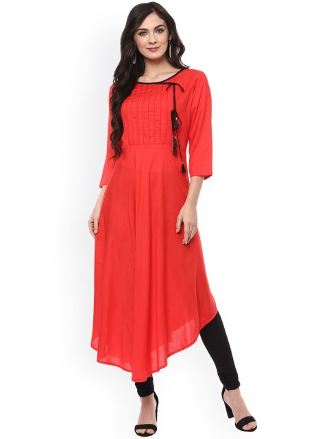 

Pannkh Women Red Solid Asymmetrical Hem Angrakha Kurta