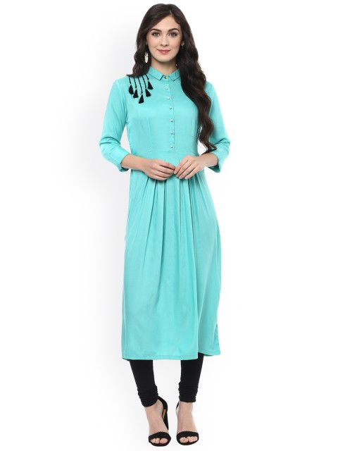 

Pannkh Women Sea Green Solid Straight Kurta