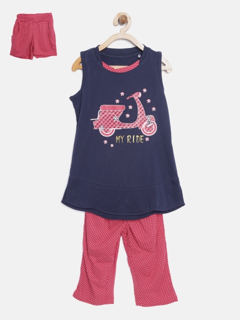 

Sweet Dreams Girls Navy & Coral Red Printed Night Suit 6104A7CO, Navy blue