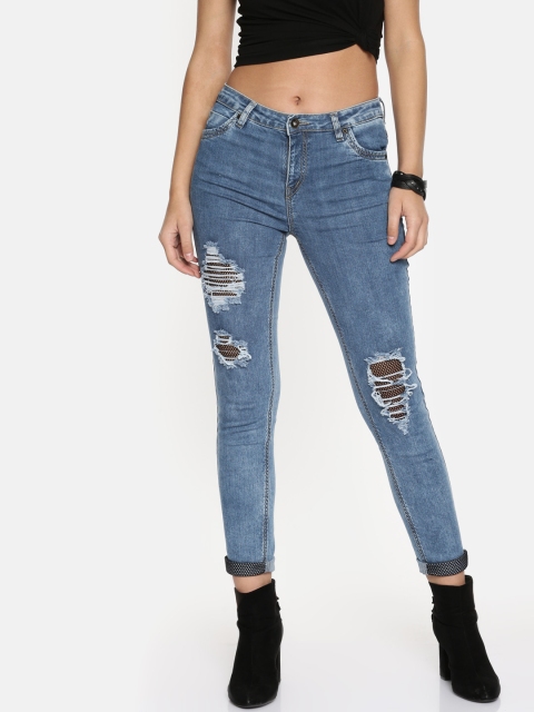 

Roadster Women Blue Boyfriend Fit Mid-Rise Highly Distressed Stretchable Jeans