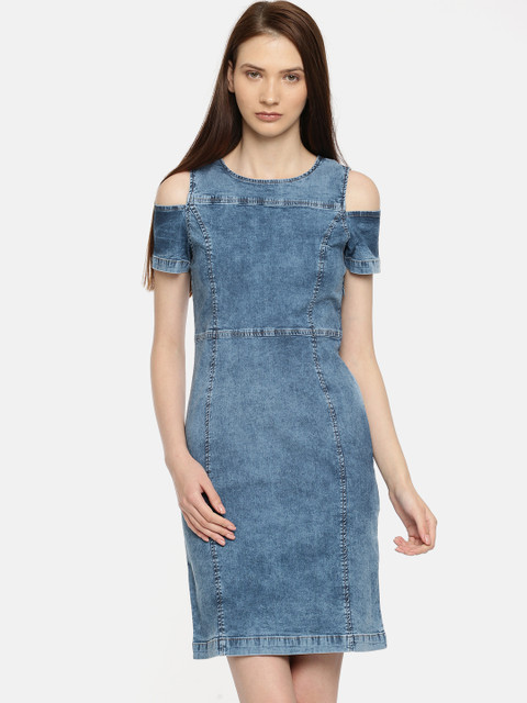 

Roadster Women Blue Solid Sheath Denim Dress