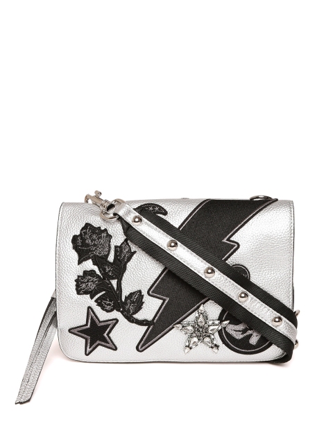 

Steve Madden Silver-Toned & Black Printed Sling Bag