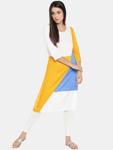

RANGMANCH BY PANTALOONS Women White & Yellow Colourblocked Straight Kurta