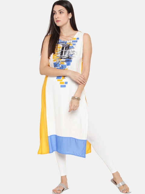 

RANGMANCH BY PANTALOONS Women White & Yellow Printed Straight Kurta