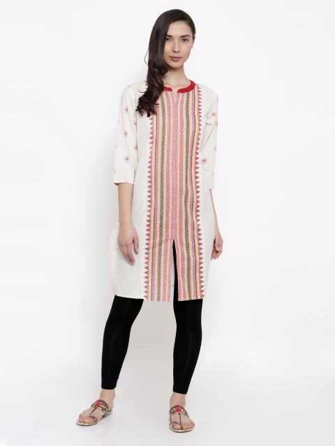

RANGMANCH BY PANTALOONS Women Off-White & Pink Printed Straight Kurta