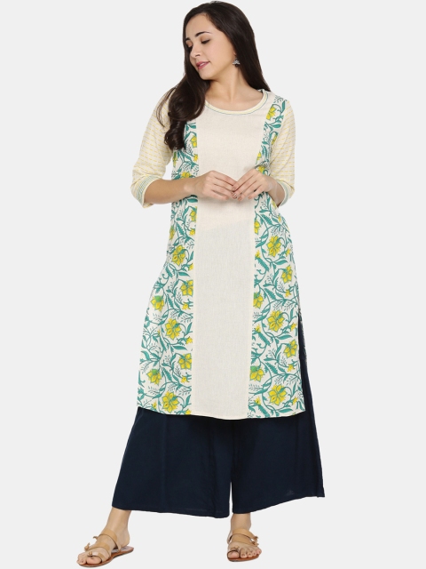 

RANGMANCH BY PANTALOONS Women Off-White & Green Printed Straight Kurta