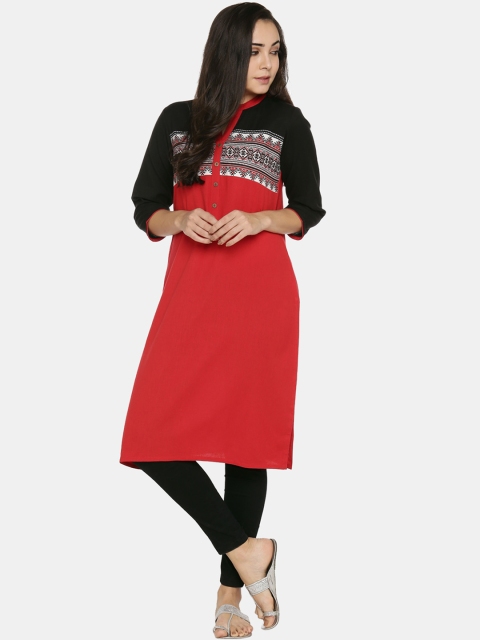 

RANGMANCH BY PANTALOONS Women Red & Black Colourblocked Straight Kurta