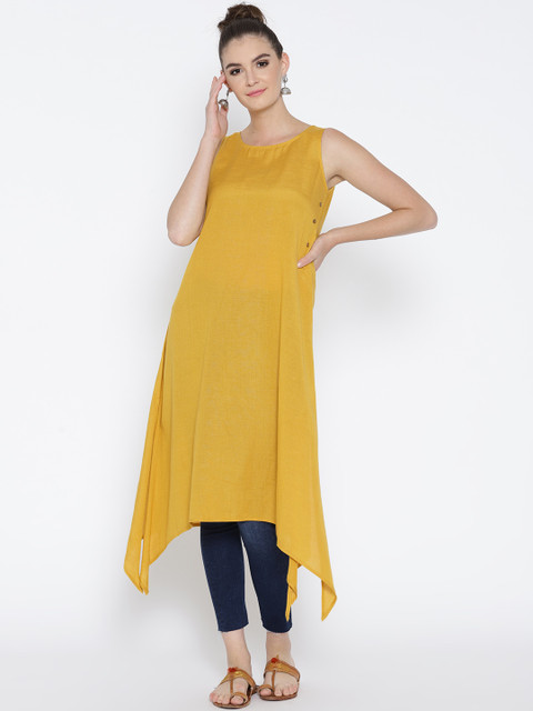 

RANGMANCH BY PANTALOONS Women Mustard Yellow Solid Asymmetric A-Line Kurta
