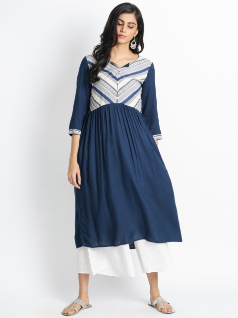 

RANGMANCH BY PANTALOONS Women Navy Blue Yoke Design A-Line Kurta