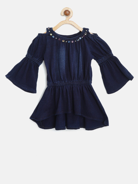 

Tiny Girl Navy Solid Cold-Shoulder Cinched Waist Top, Navy blue