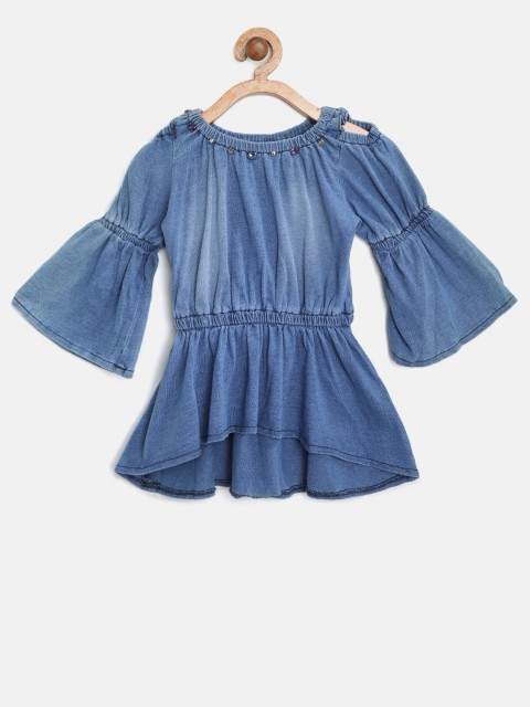 

Tiny Girl Blue Solid Cold-Shoulder Cinched Waist Top
