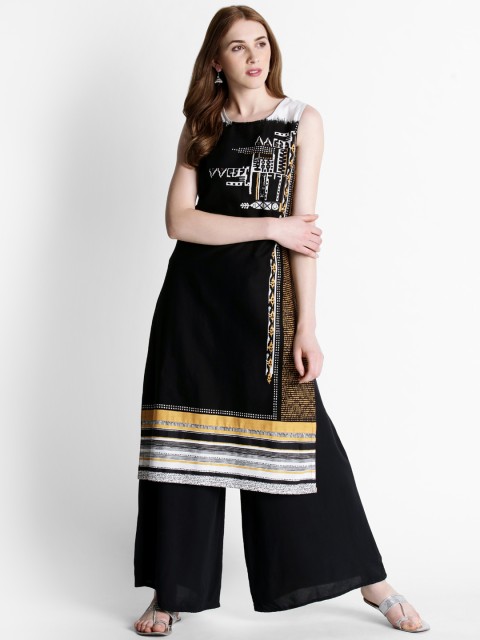

RANGMANCH BY PANTALOONS Women Black Printed Straight Kurta