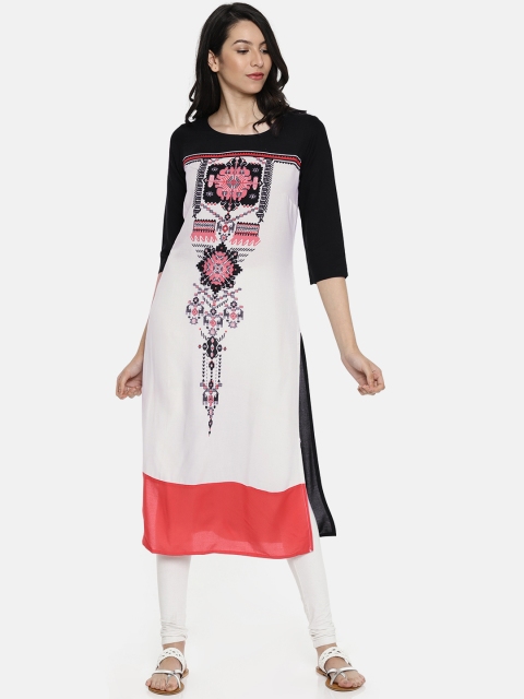 

RANGMANCH BY PANTALOONS Women White & Black Printed Straight Kurta