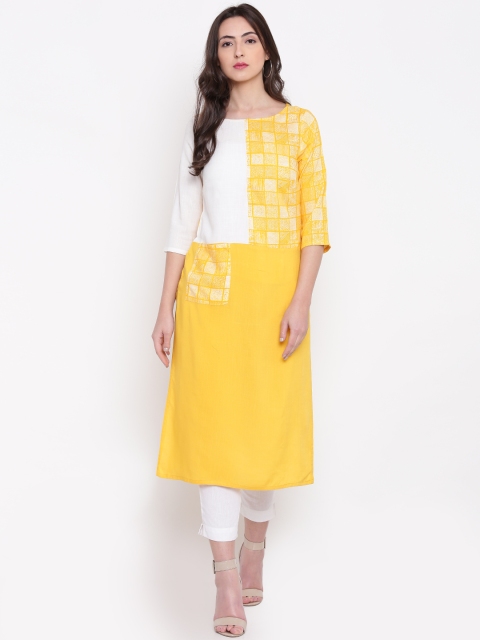 

RANGMANCH BY PANTALOONS Women Yellow & White Colourblocked Straight Kurta
