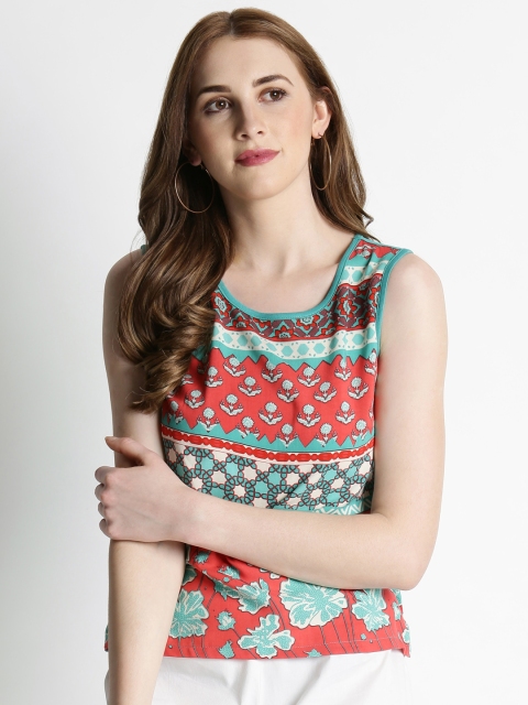 

AKKRITI BY PANTALOONS Women Turquoise Blue Printed Top