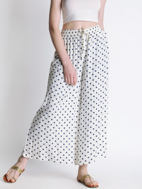 

RANGMANCH BY PANTALOONS Women Off-White & Blue Printed Wide Leg Palazzos