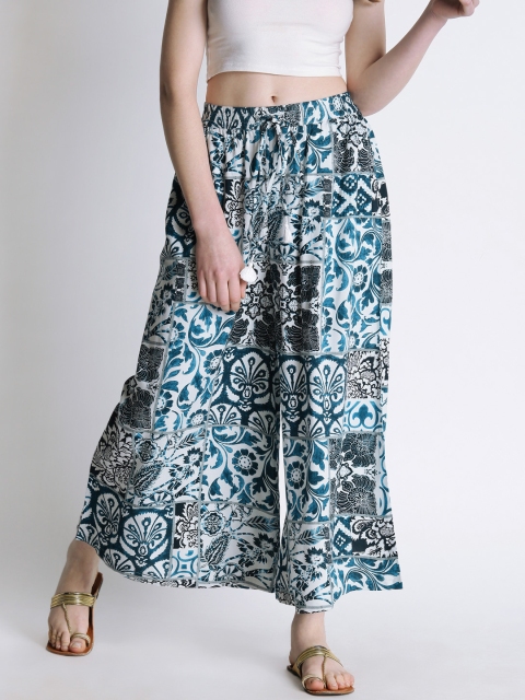 

RANGMANCH BY PANTALOONS Women Off-White & Blue Solid Wide Leg Palazzos