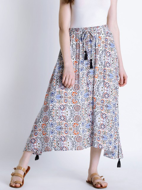 

AKKRITI BY PANTALOONS White & Navy Printed A-Line Midi Skirt