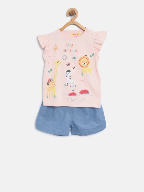 

Nauti Nati Girls Peach-Coloured & Blue Printed Top with Shorts