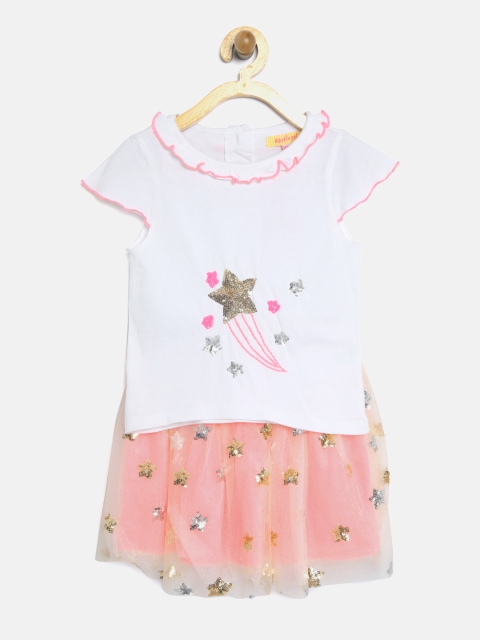 

Nauti Nati Girls White & Light Pink Embellished Top with Skirt