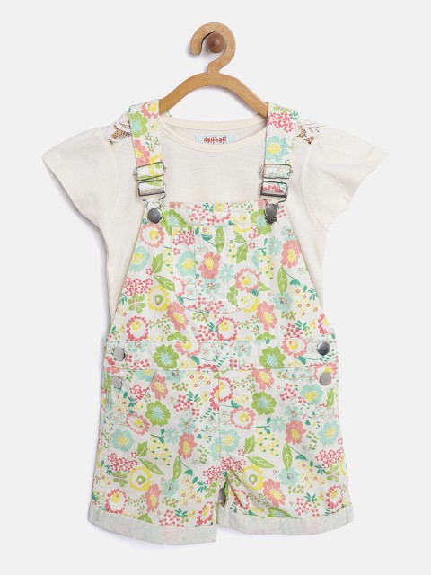 

Nauti Nati Girls Off-White & Green Floral Print Dungarees with Top