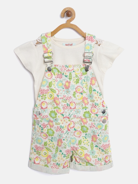 

Nauti Nati Girls Off-White & Green Floral Print Dungarees with Top