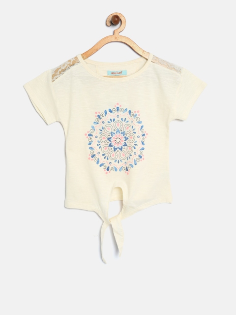 

Nauti Nati Girls Cream-Coloured Printed Pure Cotton Top with Tie-Up Detail