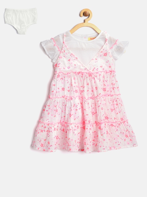 Nauti Nati Girls White & Pink Floral Print Tiered A-Line Dress