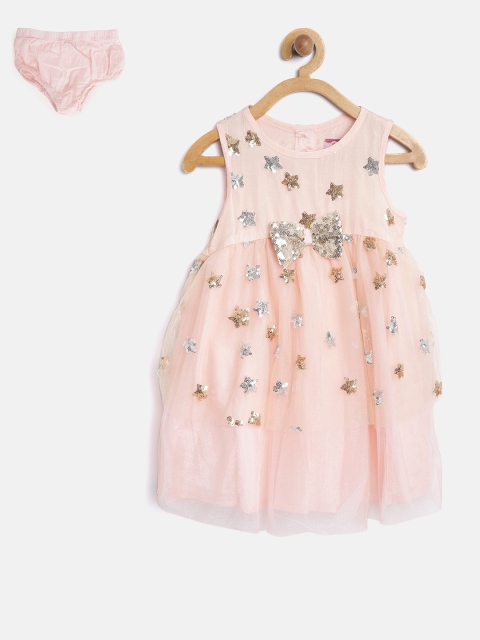 

Nauti Nati Girls Peach-Coloured Sequinned A-Line Dress
