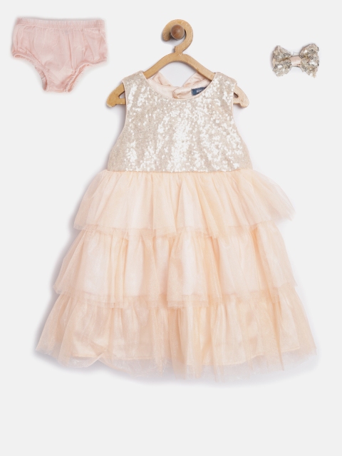 

Nauti Nati Girls Peach-Coloured Sequinned A-Line Dress