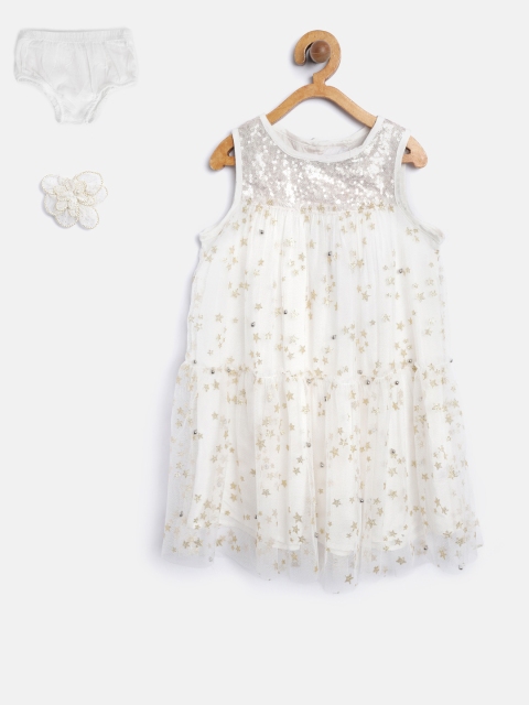 

Nauti Nati Girls White & Golden Embellished Net A-Line Dress