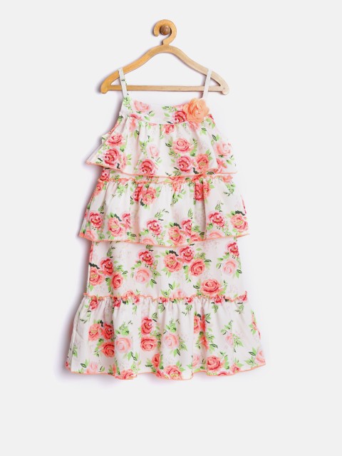 

Nauti Nati Girls Off-White & Coral Pink Floral Print A-Line Dress