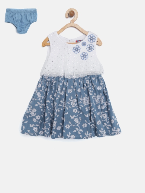 

Nauti Nati Girls White & Blue Floral Print Fit & Flare Dress