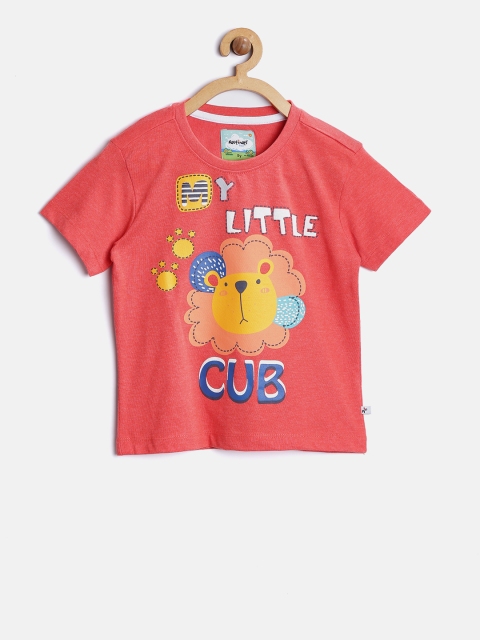 Nauti Nati Boys Coral Red Printed Round Neck T-shirt