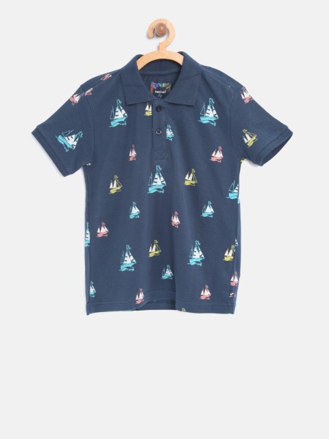 

Nauti Nati Boys Navy Blue Printed Polo Collar T-shirt