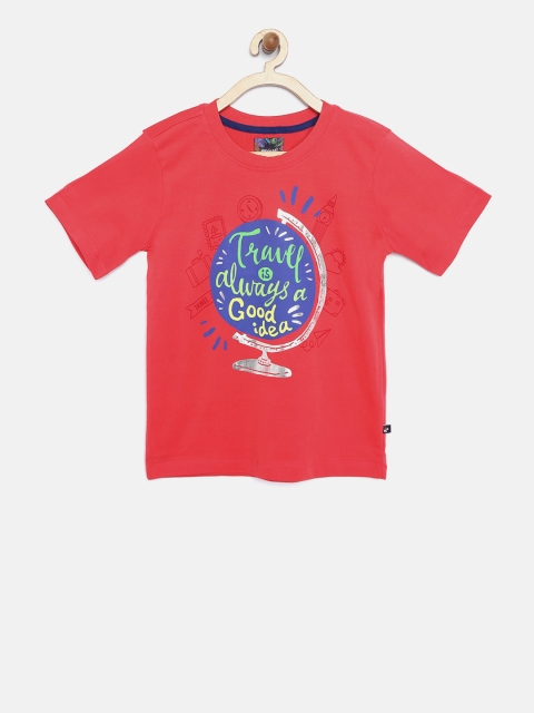 

Nauti Nati Boys Coral Red Printed Round Neck T-shirt
