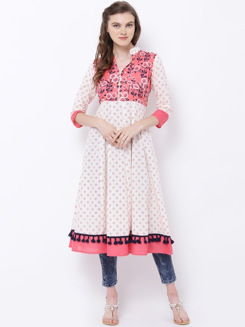 

Vishudh Women Coral & Off-White Printed Anarkali Kurta